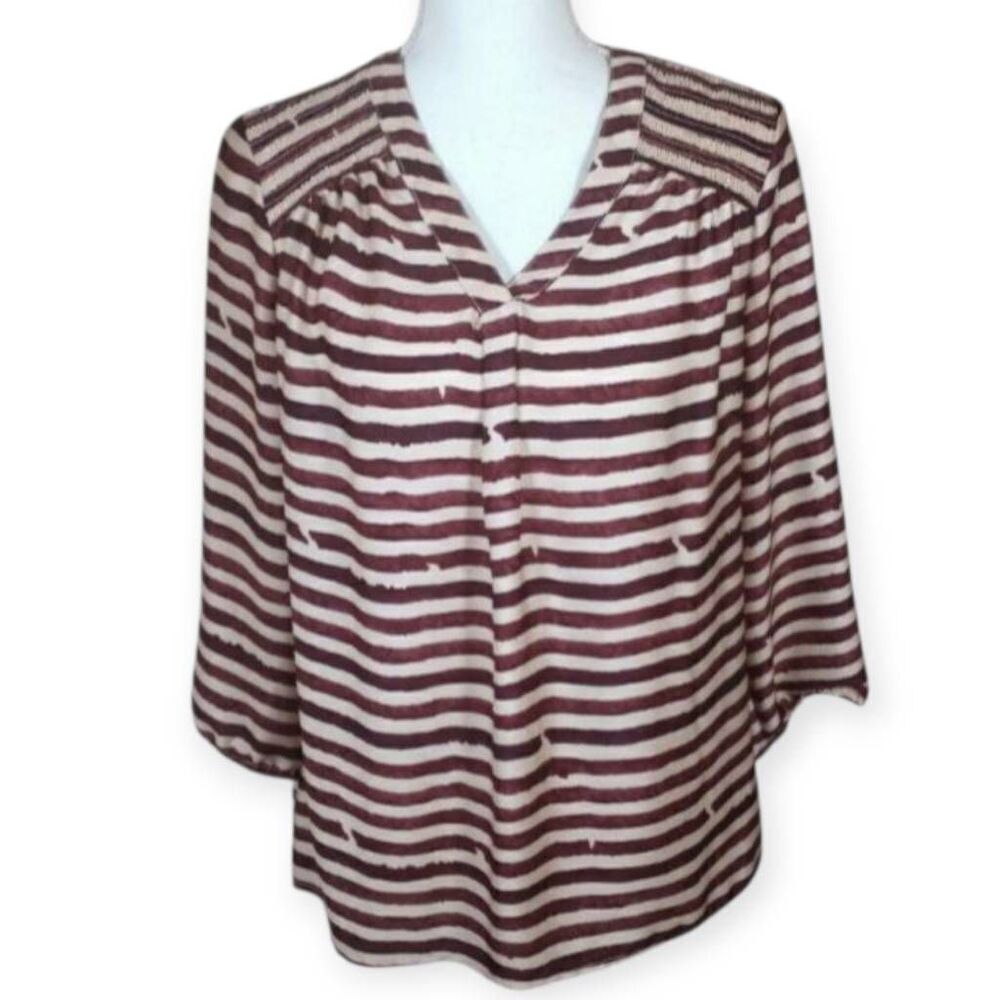 DAISY FUENTES DJ. BROWN & BLUSH STRIPE BLOUSE SZ. M EUC